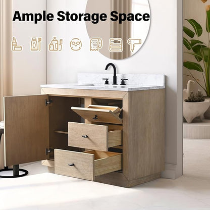 Vanity Art 42" Bathroom Vanity with Sink, Vanity Cabinet with Doors and Shelf, Modern Wood Bathroom Vanity with White Marble Top, Solid Wood Frame, 2 Right Functioning Shaker Drawer,VA70-42-LW-E