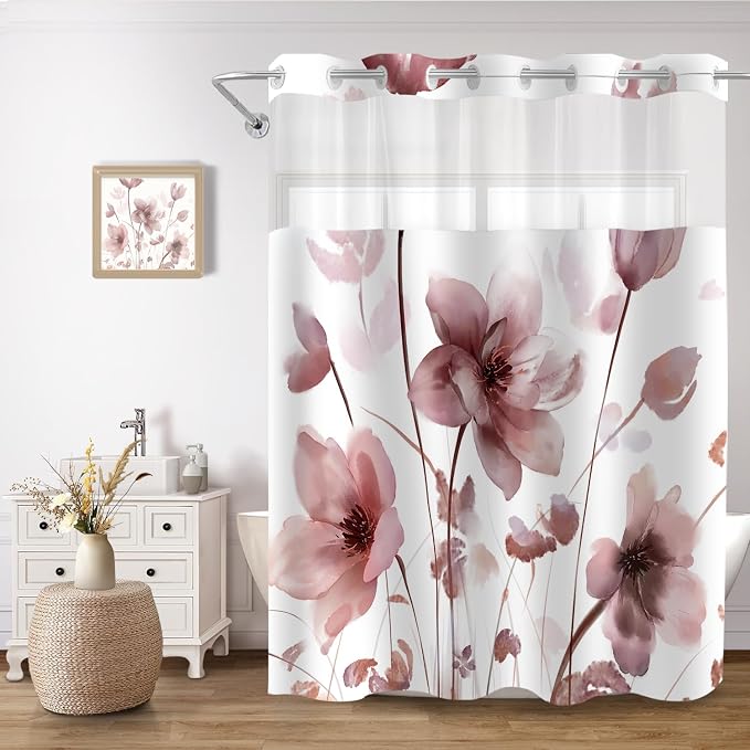 No Hook Shower Curtain and Liner Set, Red Boho Floral 71x74 | Watercolor Boho Flower, with Snap in Liner, Waterproof, Machine Washable, Quick-Drying, for Hotel Bathroom