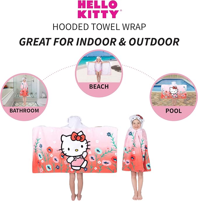 Hello Kitty Bath/Pool/Beach Soft Cotton Terry Hooded Towel Wrap, 24 in x 50 in, By Franco Kids