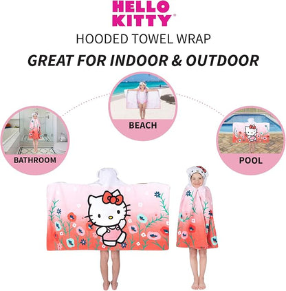 Hello Kitty Bath/Pool/Beach Soft Cotton Terry Hooded Towel Wrap, 24 in x 50 in, By Franco Kids