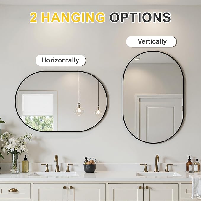 Black Oval Bathroom Mirror for Wall, 24"x36" Bathroom Vanity Mirror | HD Shatterproof Glass, Metal Framed, Oval Vanity Mirrors for Bathroom, Bedroom, Living Room, Entryway, Horizontal or Vertical