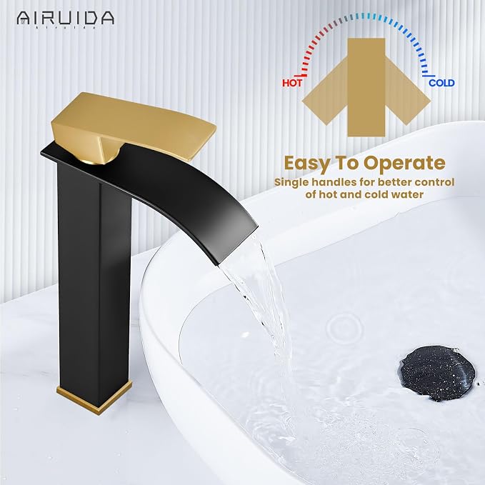 Airuida Vessel Sink Faucet, Black&Gold Tall Waterfall Bathroom Faucet | Single Handle,Tall Bathroom Faucet 1 Hole,Vanity Faucet,without Drain,Bowl Bathroom Faucet