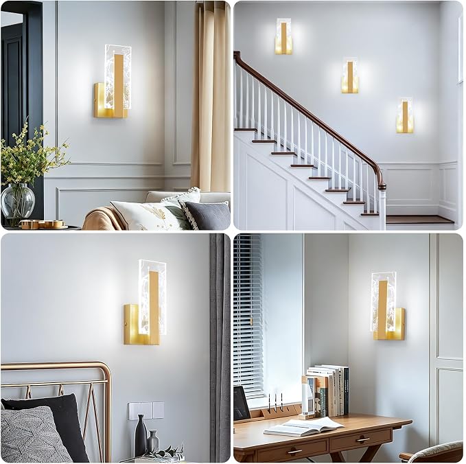 Modern LED Wall Sconces Set of 2, Hardwired Acrylic Wall Light Lighting, Gold Indoor Lighting Fixture Lamps, 6000K Cool White Wall Mount Lamps for Bedroom Corridor Stairs Bathroom