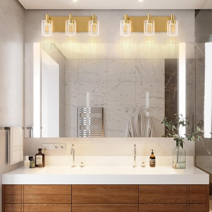 SineRise Vanity Light with 3 Color Modes (3000K/4000K/6000K), Eye Protection LED Bathroom Light Fixture, Dimmable Modern Wall Light Over Mirror with Clear Glass Shade (Gold, 3-Light)