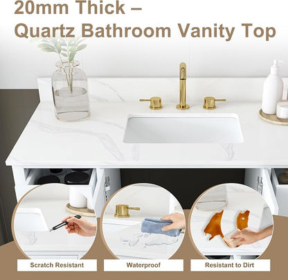 42 Inch Bathroom Vanity with Sink&Countertop,Carrara White Quartz Counter Top with Sink&Backsplash,White Bathroom Cabinet Set with 2 Doors and 9 Drawer(Three Holes)
