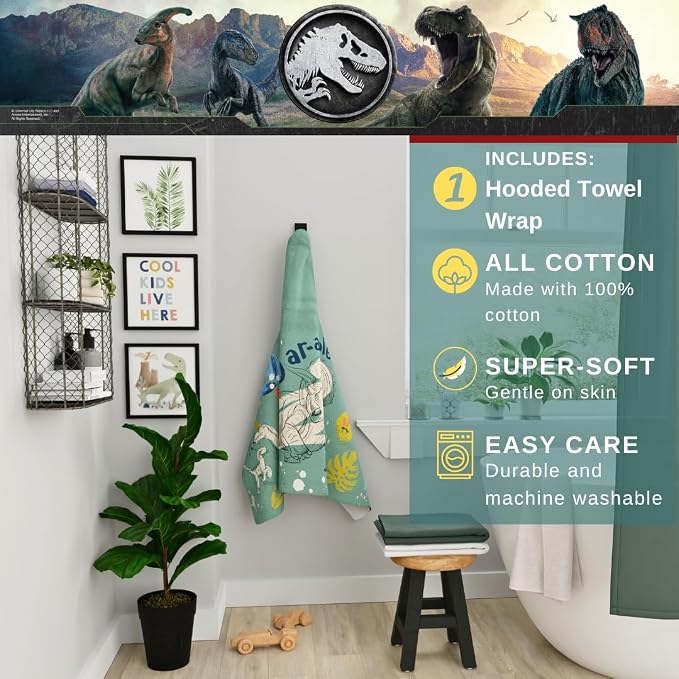 Jurassic World Kids Super Soft Bath/Pool/Beach Soft Cotton Terry Hooded Towel Wrap, 24 in x 50 in, (Officially Licensed Product) By Franco