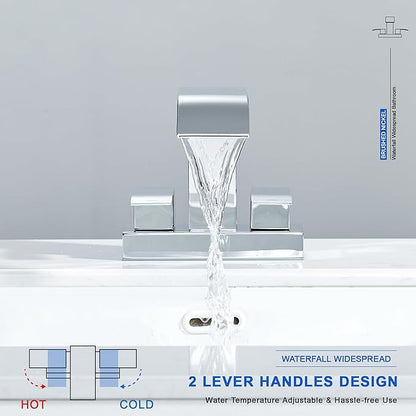 Chrome Bathroom Sink Faucet 2 Handles with Pop up Drain - Waterfall Bathroom Faucet Set 4 inch 2 or 3 Holes Centerset Mixer Tap Faucet with Supply Hoses for Bathroom Vanity Sink Vessel Basin