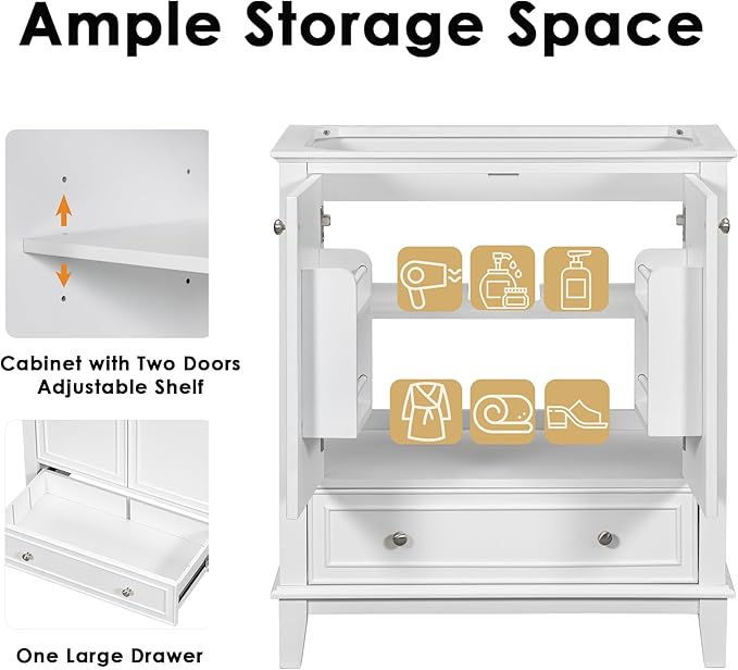 LUMISOL 30" Bathroom Vanity with Sink Set, Modern Single Bathroom Cabinet with Storage Doors and Drawer, Solid Wood Bathroom Vanity with Ceramic Sink, White