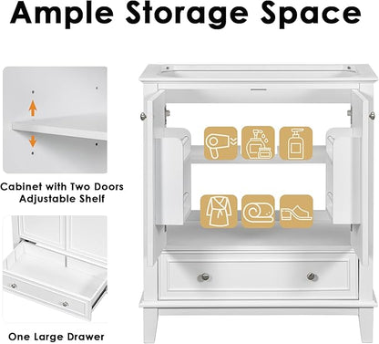 LUMISOL 30" Bathroom Vanity with Sink Set, Modern Single Bathroom Cabinet with Storage Doors and Drawer, Solid Wood Bathroom Vanity with Ceramic Sink, White