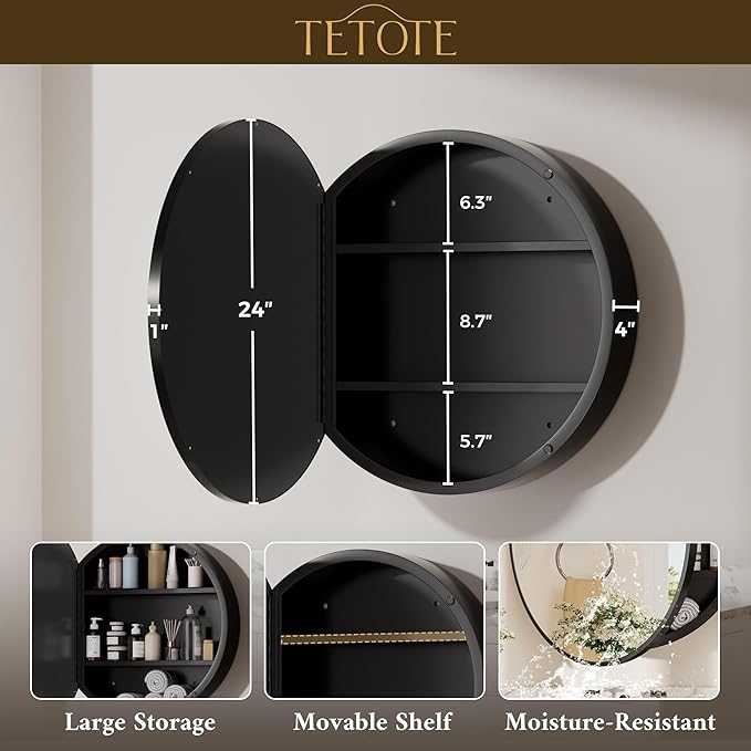 TETOTE 24 x 24 Inch Medicine Cabinet Mirror Black Framed Round Mirrored Medicine Cabinets for Bathroom Adjustable Shelves Modern Bathroom Mirror with Storage Wall Mounted