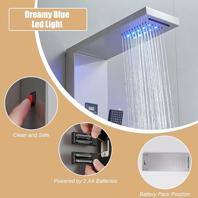 6 in 1 Shower Panel Tower System, Rainfall Shower Tower Systems w/LED and Digital Display Stainless Steel Shower Panels with Waterfall Tub Spout Massage Jets Handheld Head Nickel and Black