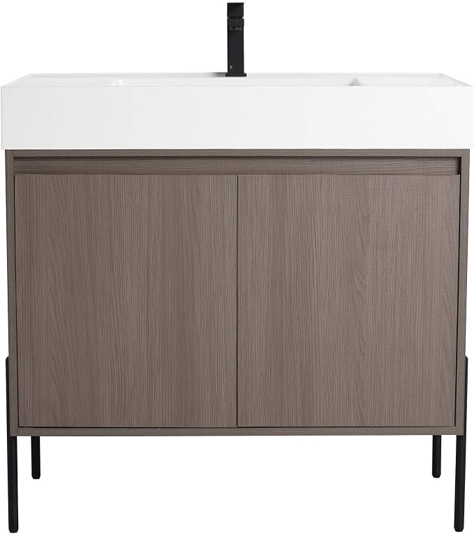 Crownpoint 36 Inch Bathroom Vanity with Sink, White Sink, Gray Oak Finish, Full Assembly Required, Elegant Bathroom Vanities for Modern Homes