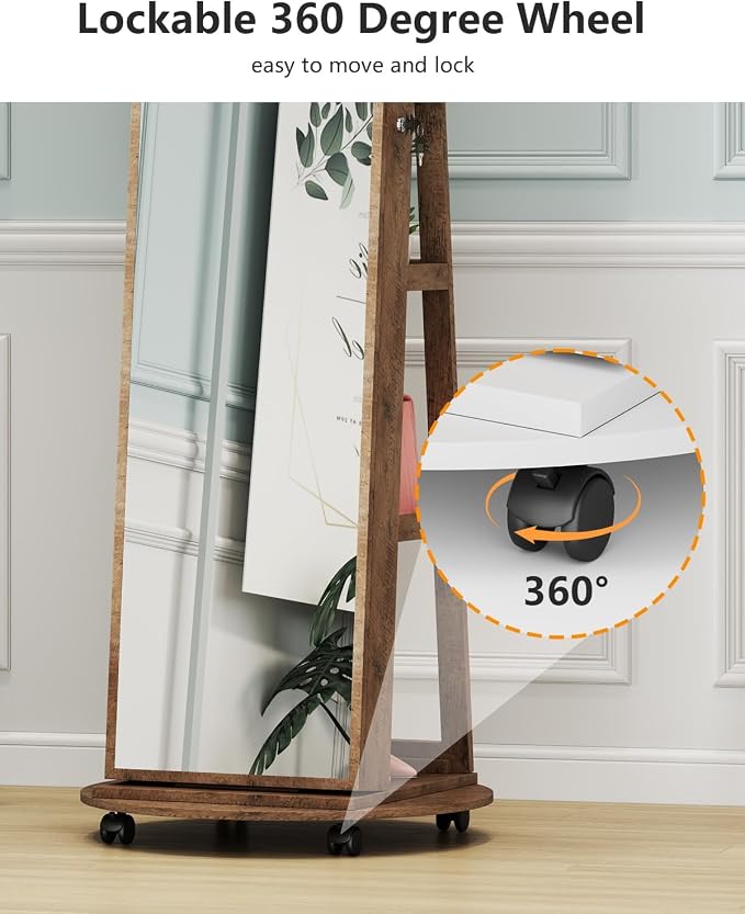 Jewelry Armoire with Full-Length Mirror, Lock and 360° Swivel Base - Walnut | SKKTKT Lockable Jewelry Cabinet - Lighted Mirror, Rotating Storage and Standing Organizer