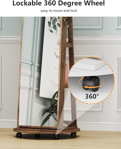 Jewelry Armoire with Full-Length Mirror, Lock and 360° Swivel Base - Walnut | SKKTKT Lockable Jewelry Cabinet - Lighted Mirror, Rotating Storage and Standing Organizer