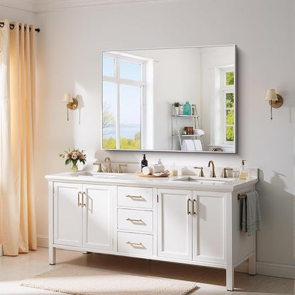 YIROMAN Bathroom Mirror 48"x36", Large Brushed Silver Bathroom Mirror for Over Sink with Aluminum Frame, Rectangular Vanity Mirror with Right Angle, Wall Mirror Hangs Horizontal or Vertical