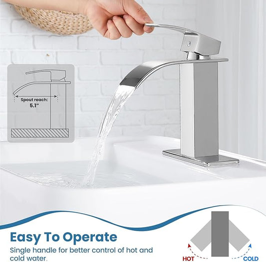 Airuida Chrome Polish Waterfall Spout Bathroom Faucet Single Handle Single Hole Bathroom Sink Faucet 1 or 3 Holes Rv Lavatory Vanity Faucet Basin Mixer Tap with Deck Plate and Supply Lines