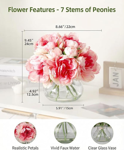 Garvee Artificial Peonies Flowers with Vase, Mixed Pink Silk Peony Bouquet with Faux Water in Glass Vase, Lifelike Fake Peonies Floral Arrangement for Table Centerpiece, Wedding, Home Decor