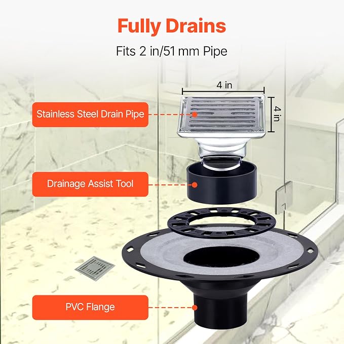 VEVOR Shower Curb Kit, 48 x 48 in Watertight Shower Curb Overlay with 4 in PVC Center Bonding Flange, 4 in Stainless Steel Grate, 2 Cuttable Shower Curbs Trowel and Shower Pan Slope Stick for Bathroom