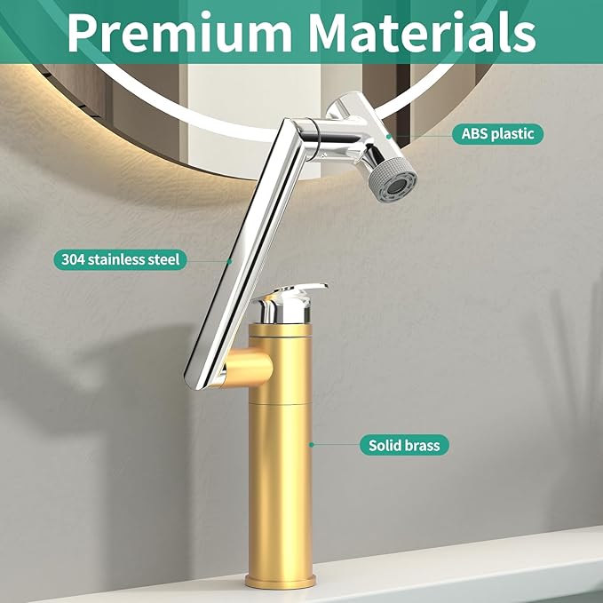 Modern Bathroom Faucet 1 Hole with Temperature Display(Batteries-Free), 1080° Rotatable Single Hole Bathroom Faucet, Single Handle Bathroom Vanity Faucets, 2 Spray Modes (Chrome)