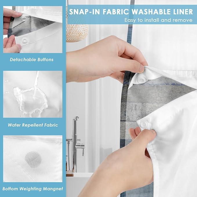 No Hook Shower Curtain with Snap in Liner 71x86 Inch Floral Blue | Farmhouse Rustic Butterfly Modern Double Layers Waterproof Fabric with See Through Top Window Open Grommet Bath Curtain