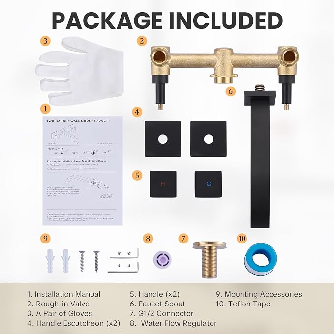 Wall-Mounted Bathroom Sink Faucet, Matte Black Bathroom Faucet | Waterfall Bathroom Faucet with Two Handles, Brass Bathroom Sink Faucet, Wall-Mounted Washroom Faucets and Rough-in Valve