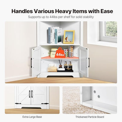 VEVOR 68" Tall Corner Storage Cabinet, 6 Tiers Farmhouse Storage Cabinet with 4 Wooden Doors & Adjustable Shelves, Freestanding Corner Kitchen Cabinet for Living Room, Kitchen, Laundry Room, White