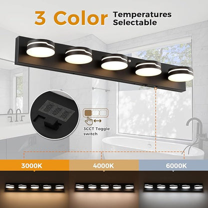 32" Motion Sensor Vanity Light, Matte Black 3CCT 5-Light Modern LED Bathroom Lighting Fixtures Over Mirror, Rotatable Head, Dimmable 3000K-6000K Color Changing Wall Sconce
