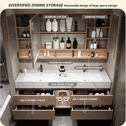 Double Sink Bathroom Vanities, 100IN Bathroom Vanity Cabinet Include LED Smart Defogging Mirror and Open Shelf, Solid Wood Bathroom Sink Vanity with Integrated Sink and Drawers Storage (Wood)