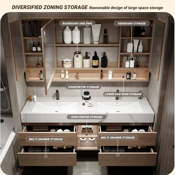 Double Sink Bathroom Vanities, 72IN Bathroom Vanity Cabinet Include LED Smart Defogging Mirror and Open Shelf, Solid Wood Bathroom Sink Vanity with Integrated Sink and Drawers Storage (Wood)