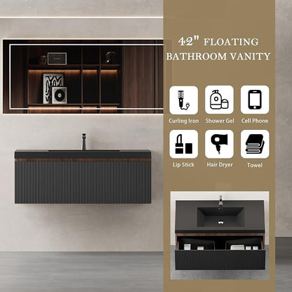42" Floating Bathroom Vanity with Sink, Wall-Mounted Smoked Walnut Storage Cabinet, Wave-Textured Soft-Close Drawer & Matte Black Quartz Sand Basin
