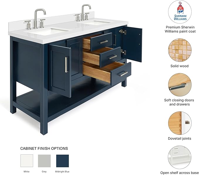DKB Olivia 60" Midnight Blue Double Bathroom Vanity, 1.5" Pure White Quartz Countertop, Rectangular Undermount Sinks, 4 Soft Closing Doors, 3 Full Extension Dovetail Drawers