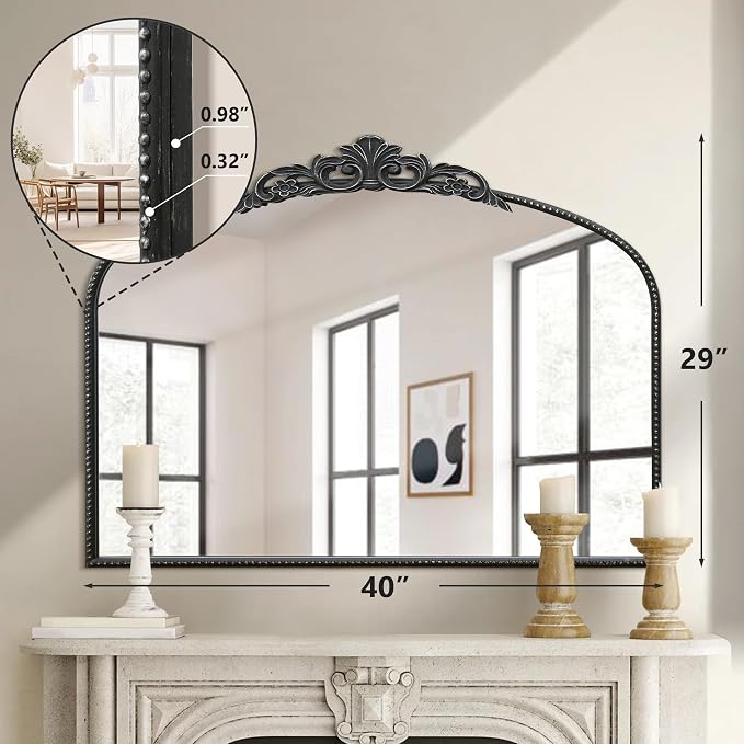 Micasso Vintage Black Wall Mirror: 40"x29" Baroque Antique Arched Mirror | Traditional Ornate French Decorative Mirror for Bedroom/Bathroom/Fireplace/Entryway/Hallway/Dresser/Vanity/Mantel/Nightstand