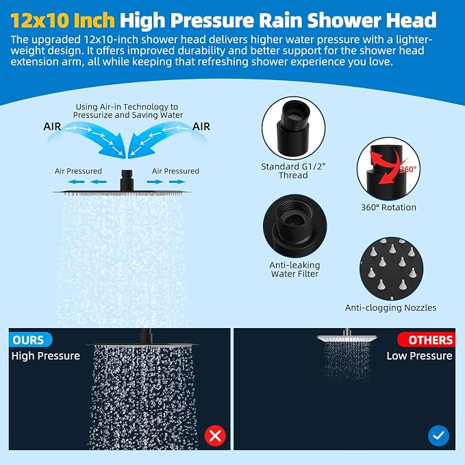 Hibbent All Metal cUPC Certified Shower Head, 12'' High Pressure Rainfall Showerhead Combo, Handheld Shower Wand, 12'' Adjustable Extension Arm, 4-Spray, 71'' Hose, Brass Shower Holder, Matte Black