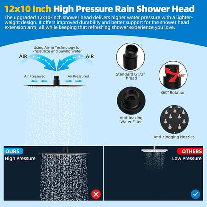 Hibbent All Metal cUPC Certified Shower Head, 12'' High Pressure Rainfall Showerhead Combo, Handheld Shower Wand, 12'' Adjustable Extension Arm, 4-Spray, 71'' Hose, Brass Shower Holder, Matte Black