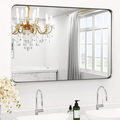 60" L x 28" Large Brushed Nickel Bathroom Mirror for Wall, Large Mirrors for Spacious Rooms,Brushed Silver Metal Framed Mirror, Rounded Rectangle Silver Bathroom Mirrors, Tempered Glass