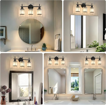 Black 3-Light Crystal Bathroom Vanity Light Fixtures, Round | Vanity Lights for Bathroom, Modern Bathroom Lighting Fixtures over Mirror (Bulbs Not Included, E26)