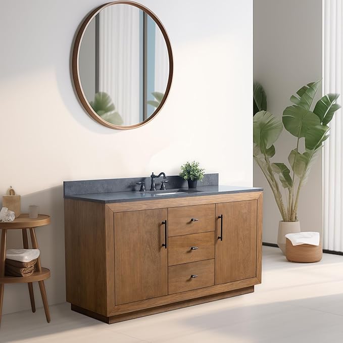 Vanity Art 60" Bathroom Vanity with Sink, Vanity Cabinet with Doors and Shelf, Modern Wood Bathroom Vanity with Black Marble Top, Solid Wood Frame, 3 Functioning Drawers,VA70-60-ST-B