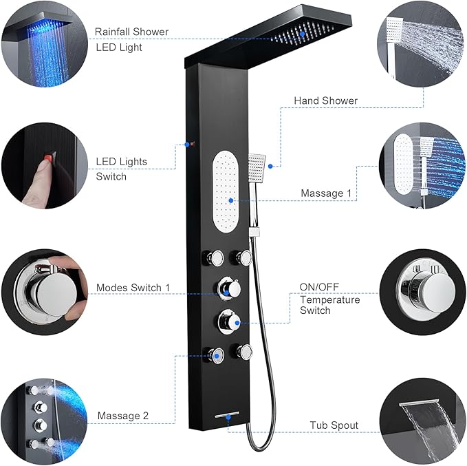 MENATT LED Shower Panel Tower System Stainless Steel,5 in 1 Shower Panels with 4 pcs Body Massage Jets,Body Waterfall Spray,Handheld Shower and Tub Spout,Black