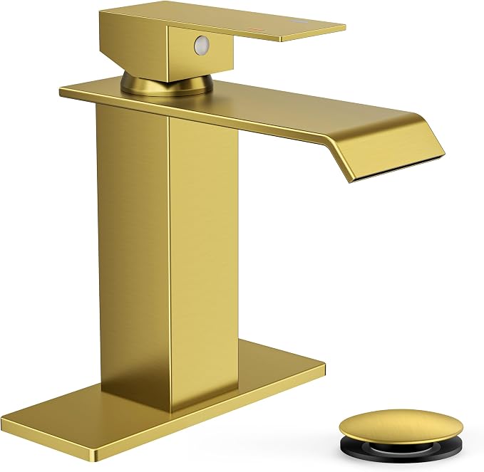 FORIOUS Bathroom Faucet 1 Hole Single Handle Vanity Faucets Brushed Gold | Sqaure Waterfall Spout, 1 or 3 Hole 4 Inch Centerset Sink with Drain and Hoses, for Vanity Rv Commercial Lavatory Restroom