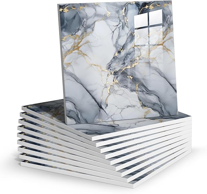 Chejiaye Thick 10pcs Marble Peel and Stick Backsplash Surface Waterproof Wall Panels,Self-Adhesive Marble PVC Foam Wall Panels for Kitchen, Bathroom - 11.8"x11.8" Kitchen Tile(Not Real Tiles,Blue)