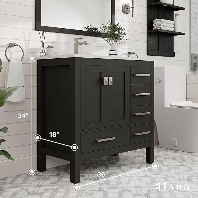 Eviva London 36 Inch Bathroom Vanity With Sink - Espresso Single Sink Bathroom Vanity - 36 In Bathroom Vanities & Stylish Bathroom Sink Cabinet W Quartz Countertop & Porcelain Sink For Optimal Storage