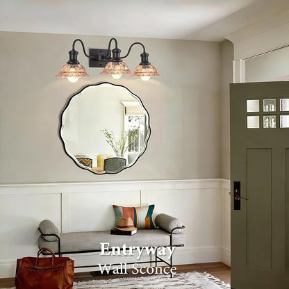 Farmhouse Vanity Lights 3-Light, Black Bathroom Light Fixtures with Amber Glass Shade, Vintage Vanity Lights Over Mirror, Farmhouse Wall Sconce for Bathroom, Vanity Table, Foyer