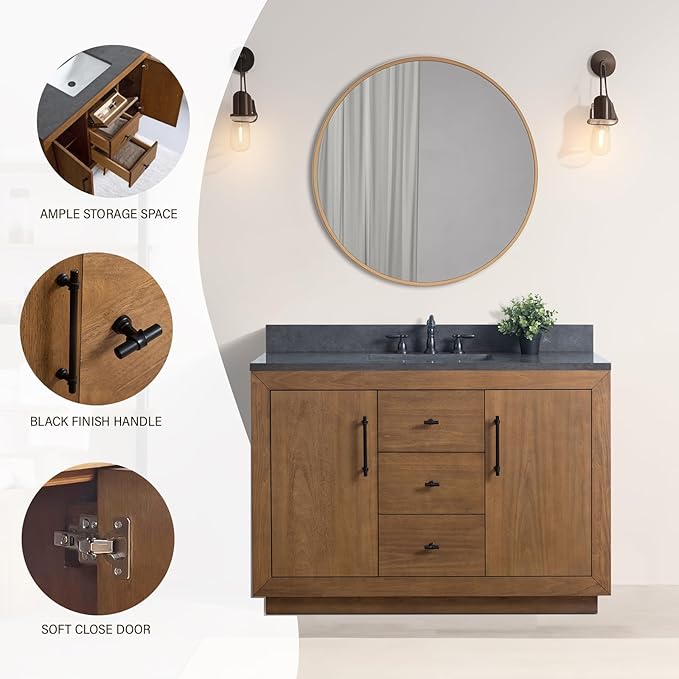HOMEBEYOND 48" Bathroom Vanity with Single Sink & Ceramic Top, MDF Material Vanity Cabinet with Basin Combo, Soft-Closing Doors, Removable Shelf, Backsplash, Tan