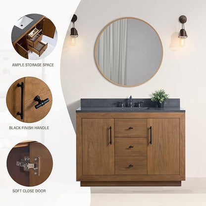 HOMEBEYOND 48" Bathroom Vanity with Single Sink & Ceramic Top, MDF Material Vanity Cabinet with Basin Combo, Soft-Closing Doors, Removable Shelf, Backsplash, Tan