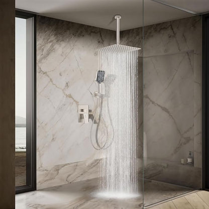 Rain Shower System 12IN Modern Brass Faucet Set With Valve and Diverter Shower Mixer With Handheld High Pressure Square Rainfall Shower Valve (12'' Ceiling Mount, Brushed Nickel)
