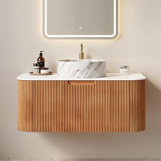 Yayzy 36" Floating Bathroom Vanity with Sink, Solid Wood Fluted Cabinet, White Marble-Patterned Ceramic Basin & Faux Marble Top, Soft-Close Drawer, Pre-Assembled, Natural Woodgrain