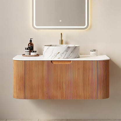 Yayzy 36" Floating Bathroom Vanity with Sink, Solid Wood Fluted Cabinet, White Marble-Patterned Ceramic Basin & Faux Marble Top, Soft-Close Drawer, Pre-Assembled, Natural Woodgrain