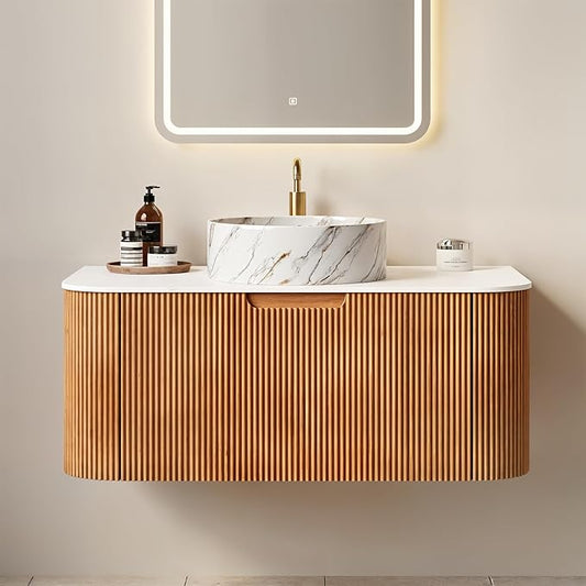 Yayzy 36" Floating Bathroom Vanity with Sink, Solid Wood Fluted Cabinet, White Marble-Patterned Ceramic Basin & Faux Marble Top, Soft-Close Drawer, Pre-Assembled, Natural Woodgrain