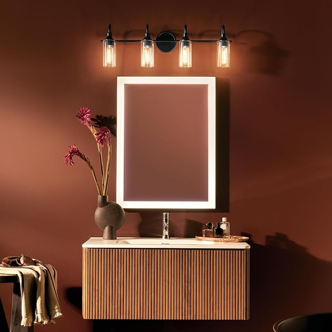 Kichler Kavi 31.5" 4-Light Vanity Light with Clear Glass in Black, Damp Rated, for Bathroom, Powder Room, Over a Mirror, (31.5" W x 10" H), 55212BK