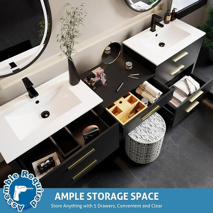 eclife 84" Bathroom Vanity Sink Combo, Modern Painted Vanities Storage Cabinet with 24" Mid Makeup Vanity Desk, 30" Dual White Basins, Faucets & Drains, Black